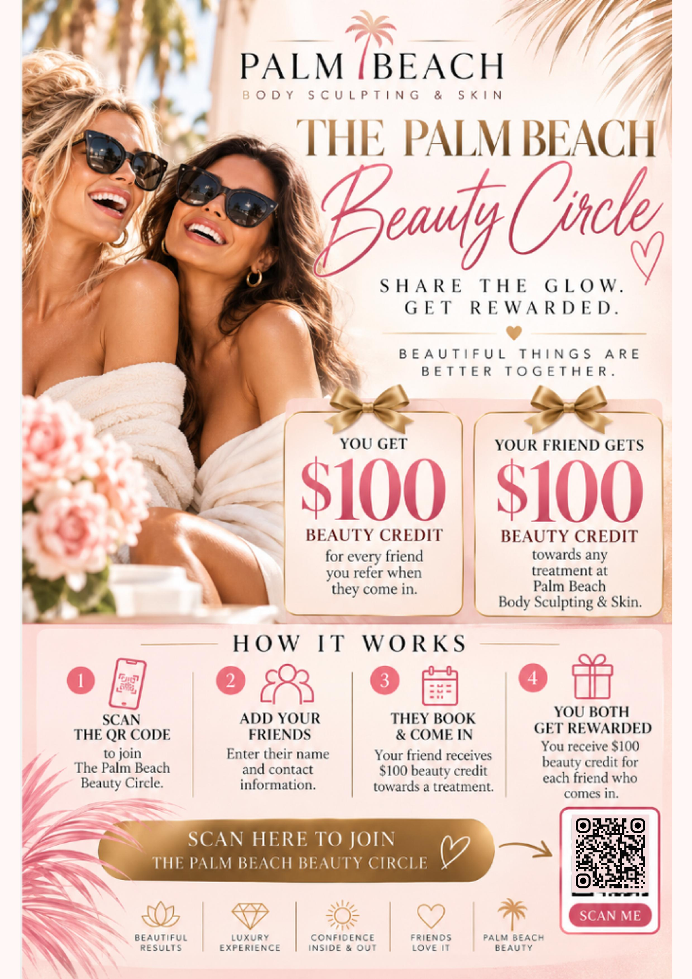 Palm Beach Beauty Circle referral flyer: you and your friend each get a $100 beauty credit